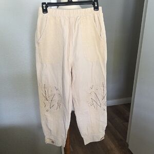 Cream Casual Embroidered Elastic Waist Pants